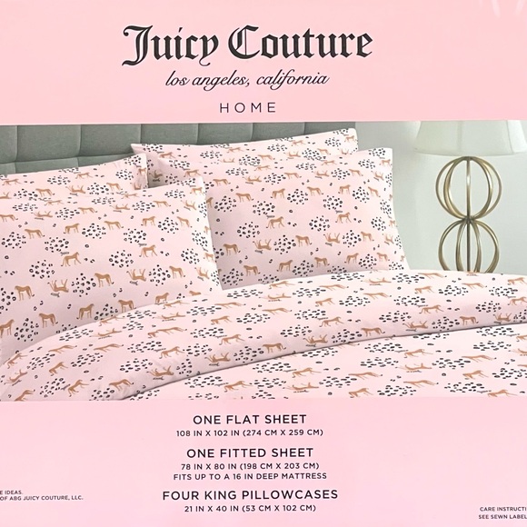 JUICY COUTURE HOME Bedding Sheet Set KING SIZE Pink Cheetah Logo 6-Piece NEW - Picture 6 of 9